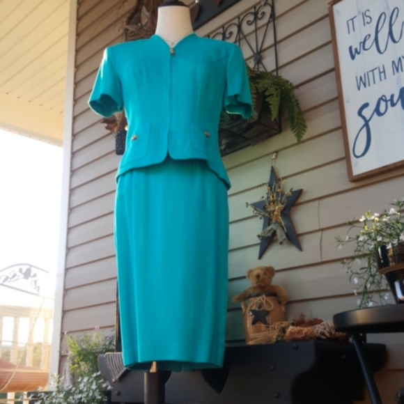 MAGGY LONDON PETITES ♡ Gorgeous Vintage Turquoise 2pc Bamboo Zip Front Suit 2P - Picture 6 of 16